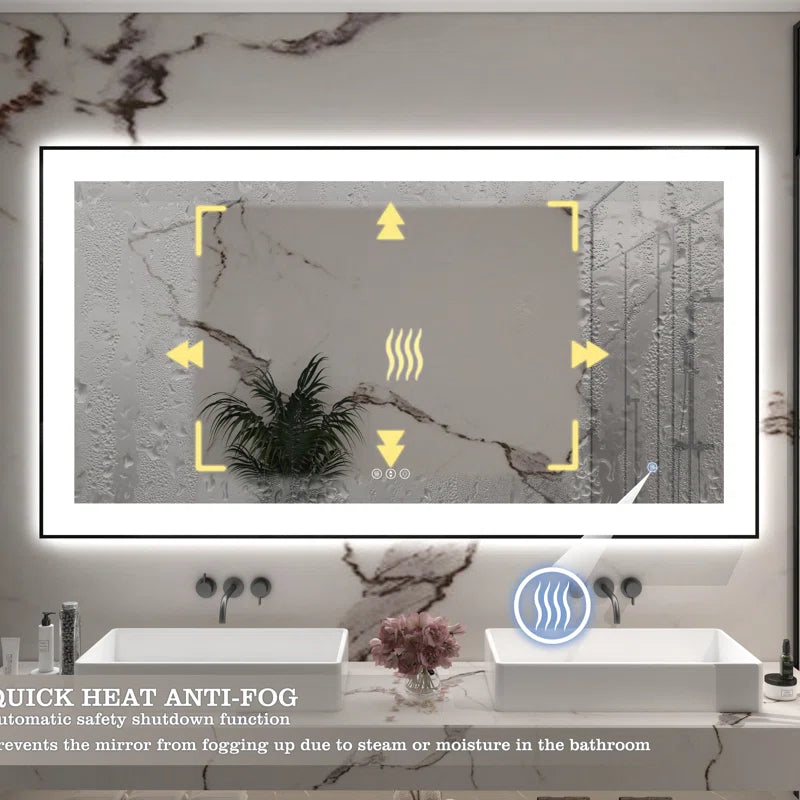 55" X 30" Tempered Glass Frameless LED Bathroom Mirror with Front and Backlight, Stepless Dimmable Wall Mirrors with Anti-Fog, 3 Colors, LED Vanity Mirror(Horizontal/Vertical)