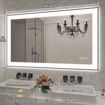 40" X 24" Detjon Black Framed Anti-Fog LED Lighted Dimmable Wall Mounted Bathroom Vanity Mirror