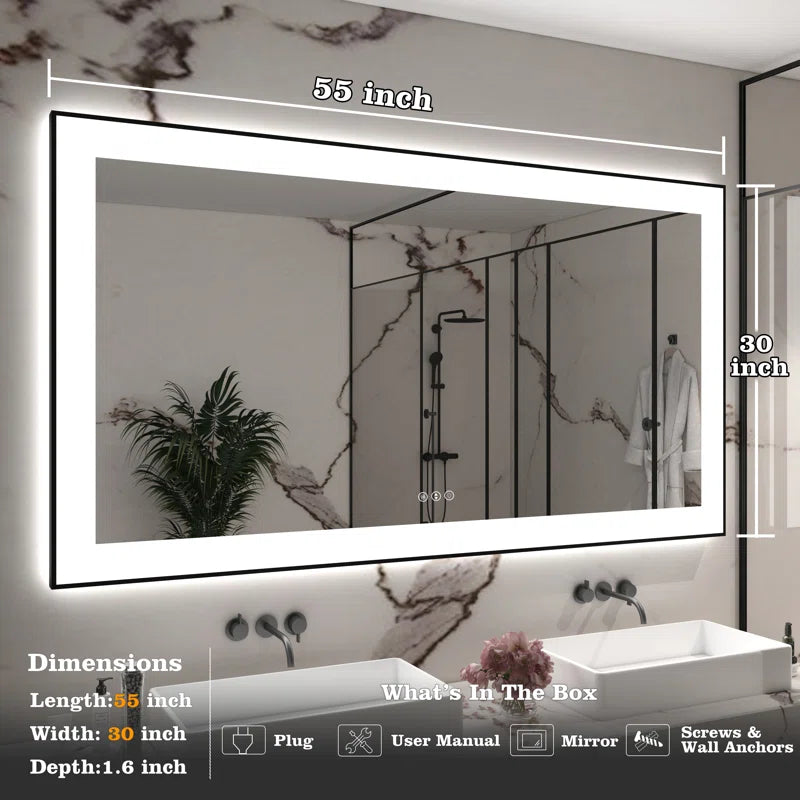 55" X 30" Tempered Glass Frameless LED Bathroom Mirror with Front and Backlight, Stepless Dimmable Wall Mirrors with Anti-Fog, 3 Colors, LED Vanity Mirror(Horizontal/Vertical)