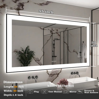 55" X 30" Tempered Glass Frameless LED Bathroom Mirror with Front and Backlight, Stepless Dimmable Wall Mirrors with Anti-Fog, 3 Colors, LED Vanity Mirror(Horizontal/Vertical)