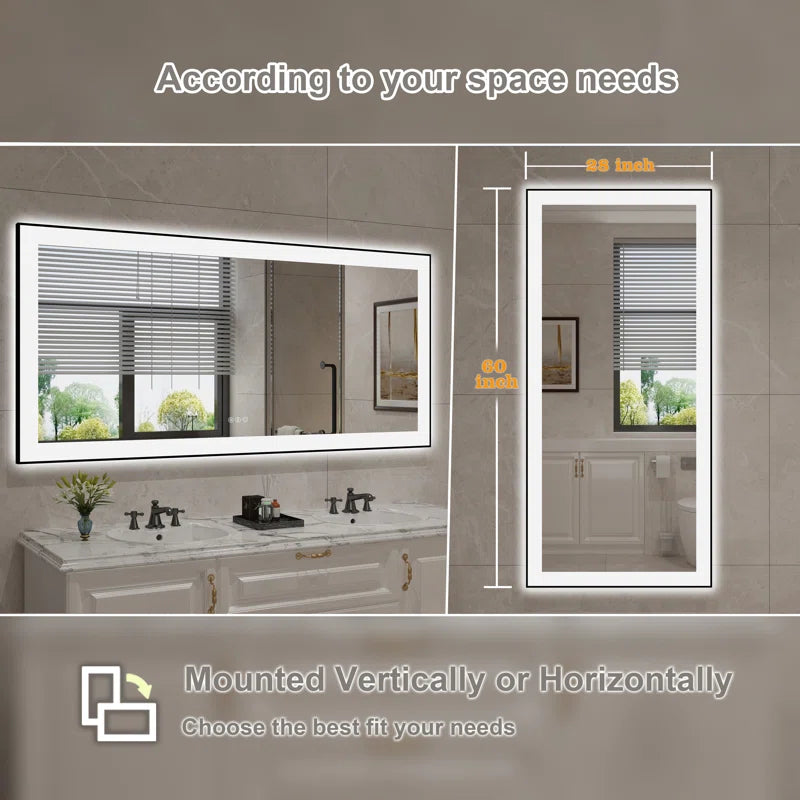 60" X 28" Detjon Black Framed Anti-Fog LED Lighted Dimmable Wall Mounted Bathroom Vanity Mirror