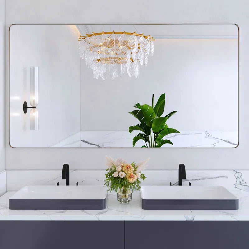 55" X 30"(Silver)Filleted Corner Wall Mounted Mirror, Bathroom Mirror, Vanity Wall Mirror With Metal Frame