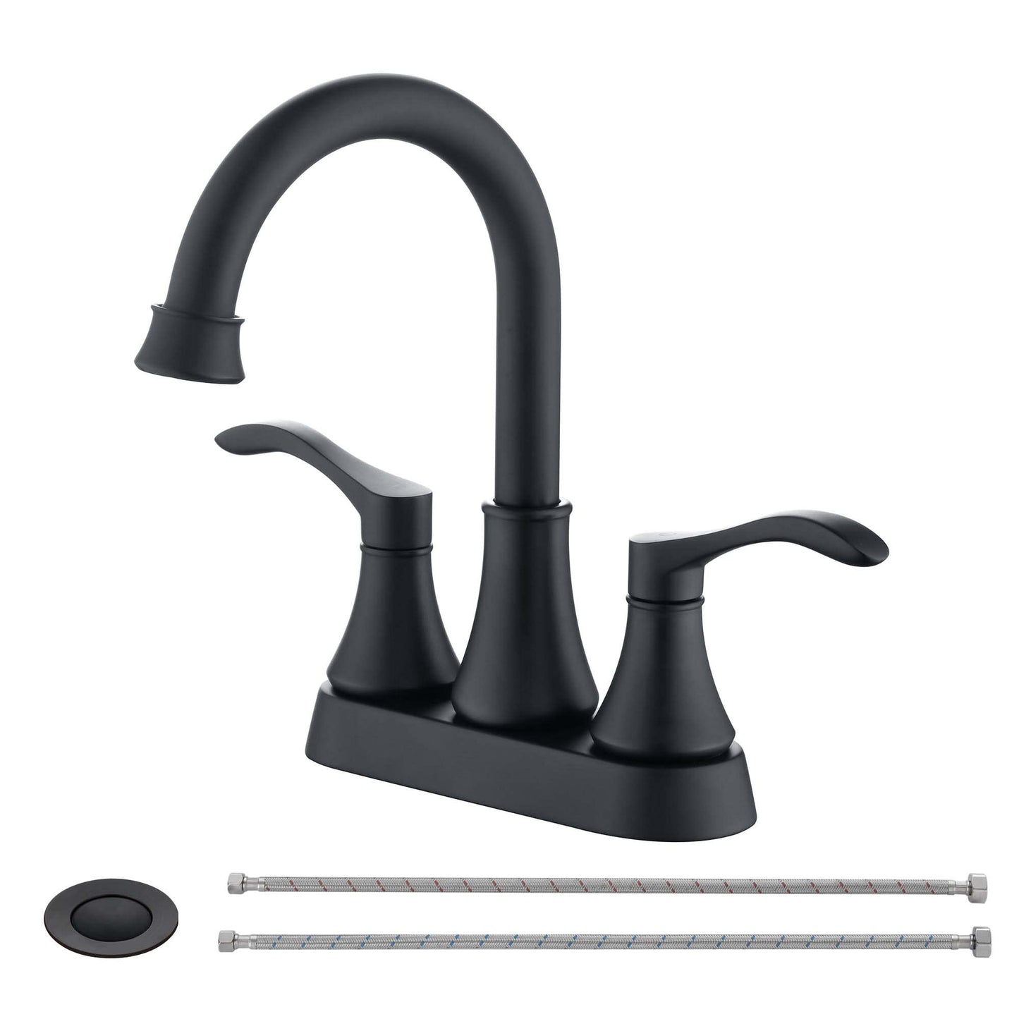 RN-AU042110BK  |   2 Handles Bathroom Sink Faucet, Matte Black 3 Hole Centerset RV Bathroom Faucets, with Stainless Steel Pop Up Drain Sets