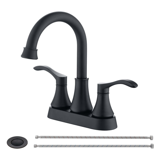 RN-AU042110BK  |   2 Handles Bathroom Sink Faucet, Matte Black 3 Hole Centerset RV Bathroom Faucets, with Stainless Steel Pop Up Drain Sets