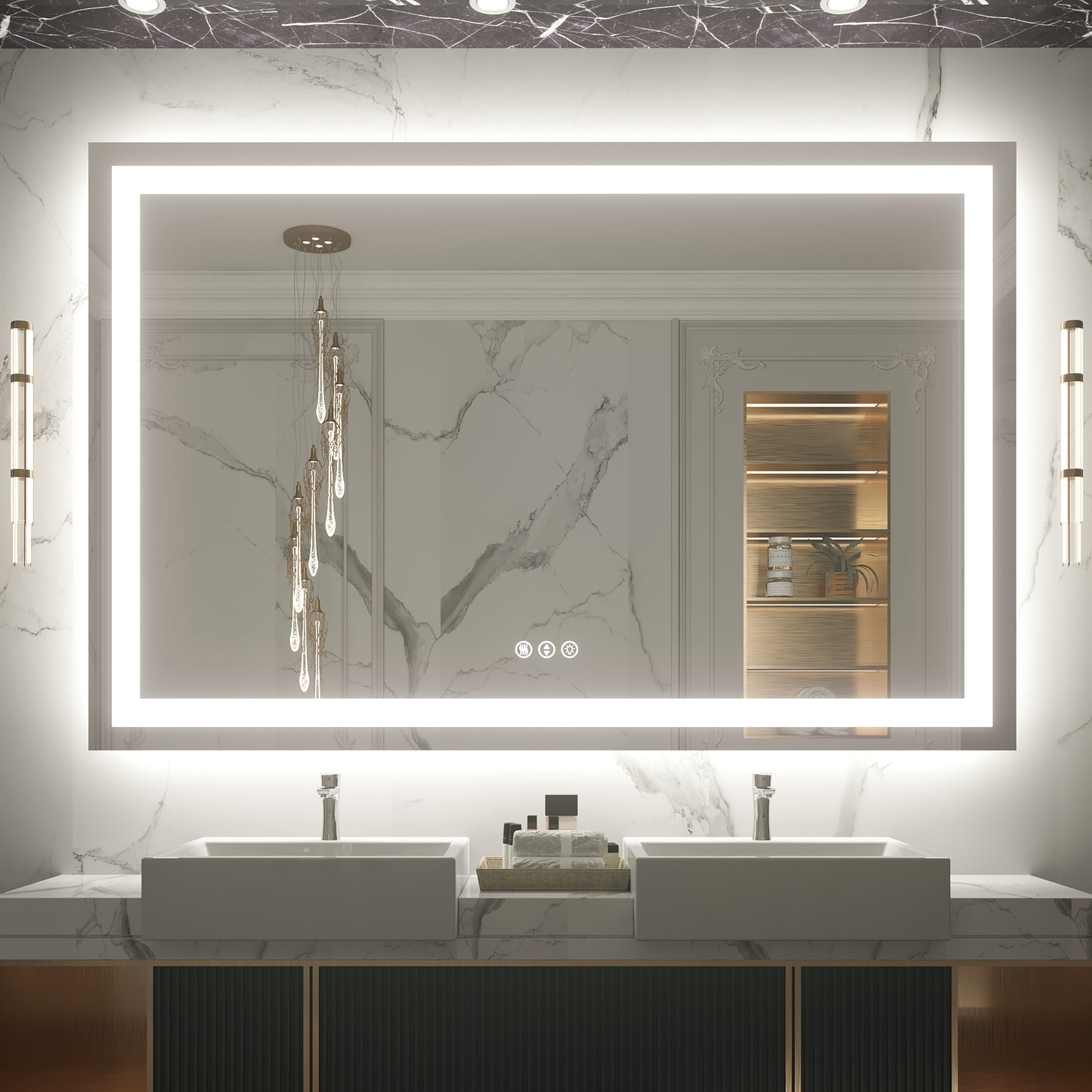 55" x 36" Tempered Glass Frameless LED Bathroom Mirror with Front and Backlight, Stepless Dimmable Wall Mirrors with Anti-Fog, 3 Colors, LED Vanity Mirror(Horizontal/Vertical)