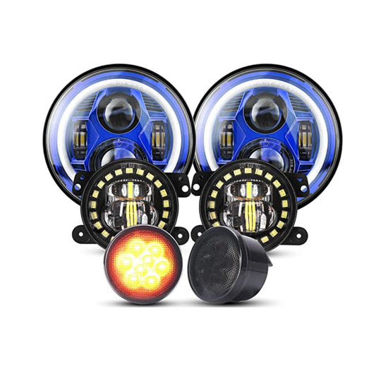 7-inch Spider Headlights - Blue with Iris - 4-inch Clock Fog Lights - Black Net Lights - Set of Six