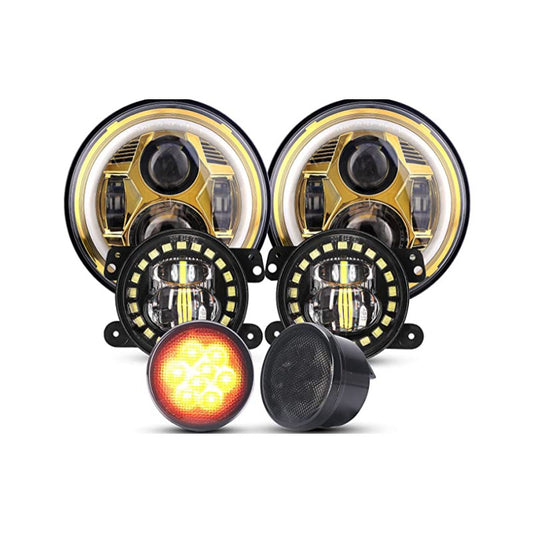 7-inch Spider Headlight-Yellow with Iris-4-inch Clock Fog Light-Middle Mesh Light Black-Six Sets