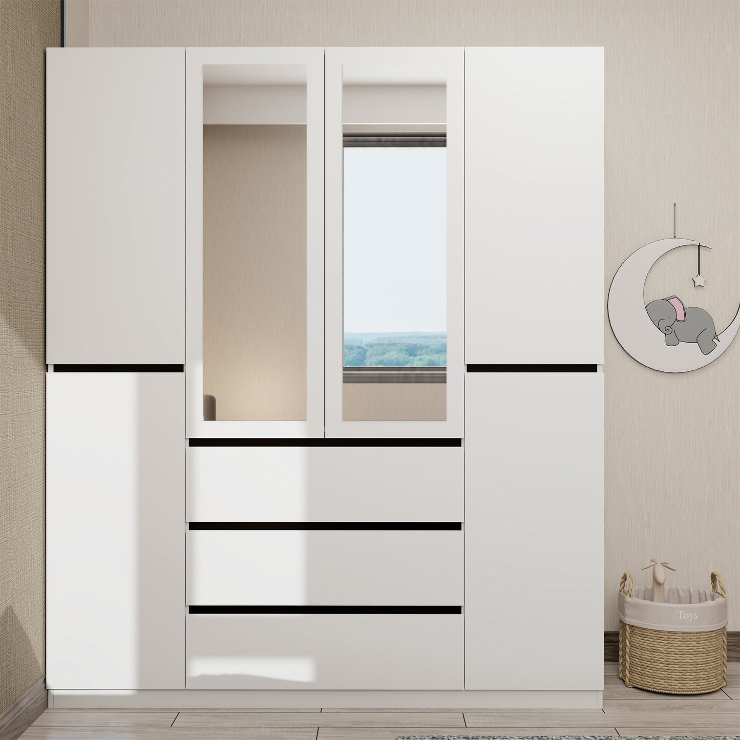 Three Drawer, Six Door Modern Wardrobe with Silver Mirror and No Pull Handle (2 packs of 2 cannot be sold separately)