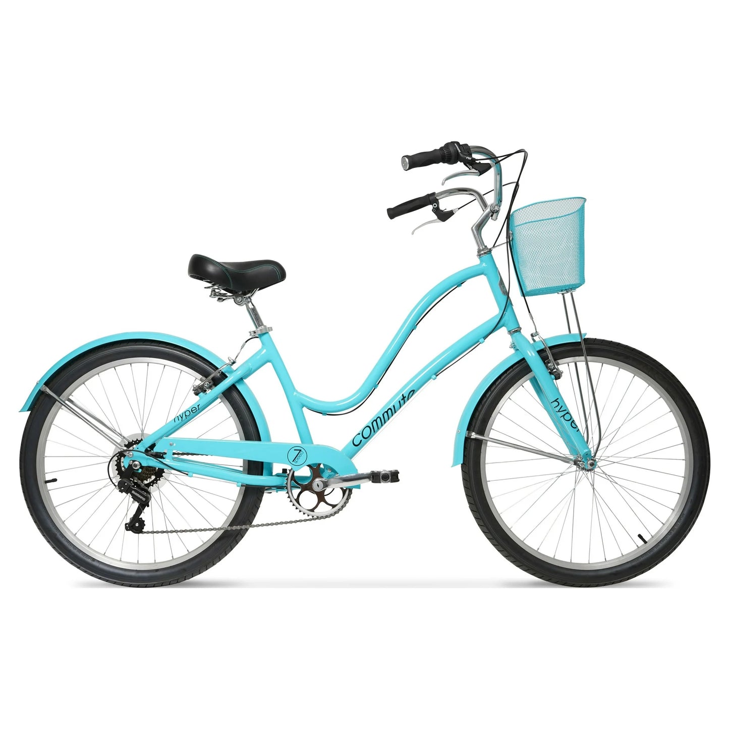 Refurbish Hyper Bicycles 26" Commute Bike with Basket, Adults 13+ Years, Neon Teal