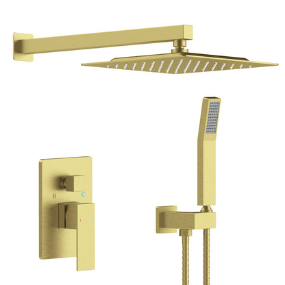 L-8002BG-Shower System Shower Faucet Combo Set Wall Mounted with 10" Rainfall Shower Head and handheld shower faucet, Brushed Gold Finish with Brass Valve Rough-In