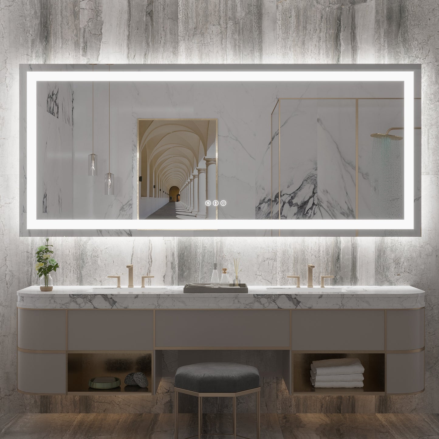 38" x 88"Dokes Frameless Anti-Fog LED Lighted Dimmable Wall Mounted Bathroom Vanity Mirror