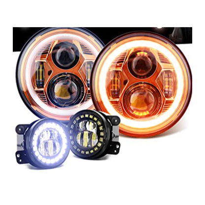 7″ Spider Headlight – Orange With Halo – 4″ JK Clock Fog Light Black – 4PCS in Set