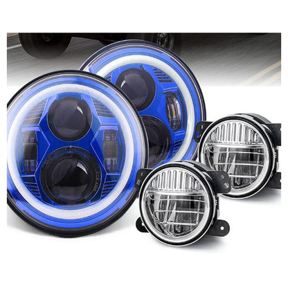 7-Inch Spider Headlights Blue With Halo – 4-Inch Smile Fog Lights Black – With Halo – 4PCS in Set