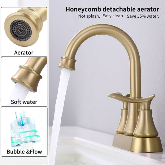 4009-BG  |  2-Handle 4-Inch Brushed Gold Bathroom Faucet, Bathroom Vanity Sink Faucets with Pop-up Drain and Supply Hoses 