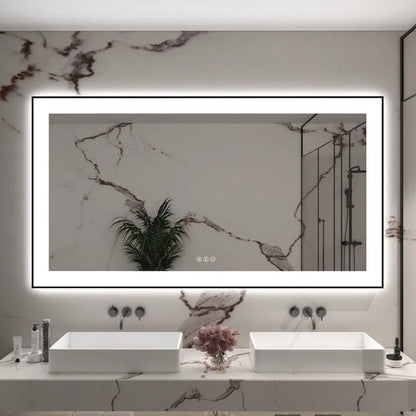 55" X 30" Tempered Glass Frameless LED Bathroom Mirror with Front and Backlight, Stepless Dimmable Wall Mirrors with Anti-Fog, 3 Colors, LED Vanity Mirror(Horizontal/Vertical)