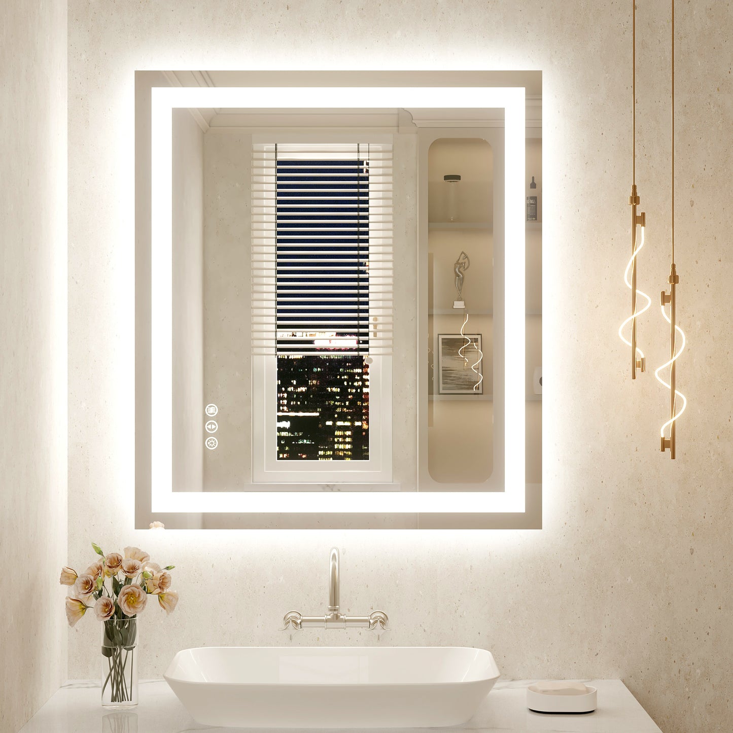 32" x 36" Tempered Glass Frameless LED Bathroom Mirror with Front and Backlight, Stepless Dimmable Wall Mirrors with Anti-Fog, 3 Colors, LED Vanity Mirror(Horizontal/Vertical)