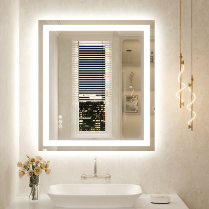 32" x 36" Tempered Glass Frameless LED Bathroom Mirror with Front and Backlight, Stepless Dimmable Wall Mirrors with Anti-Fog, 3 Colors, LED Vanity Mirror(Horizontal/Vertical)