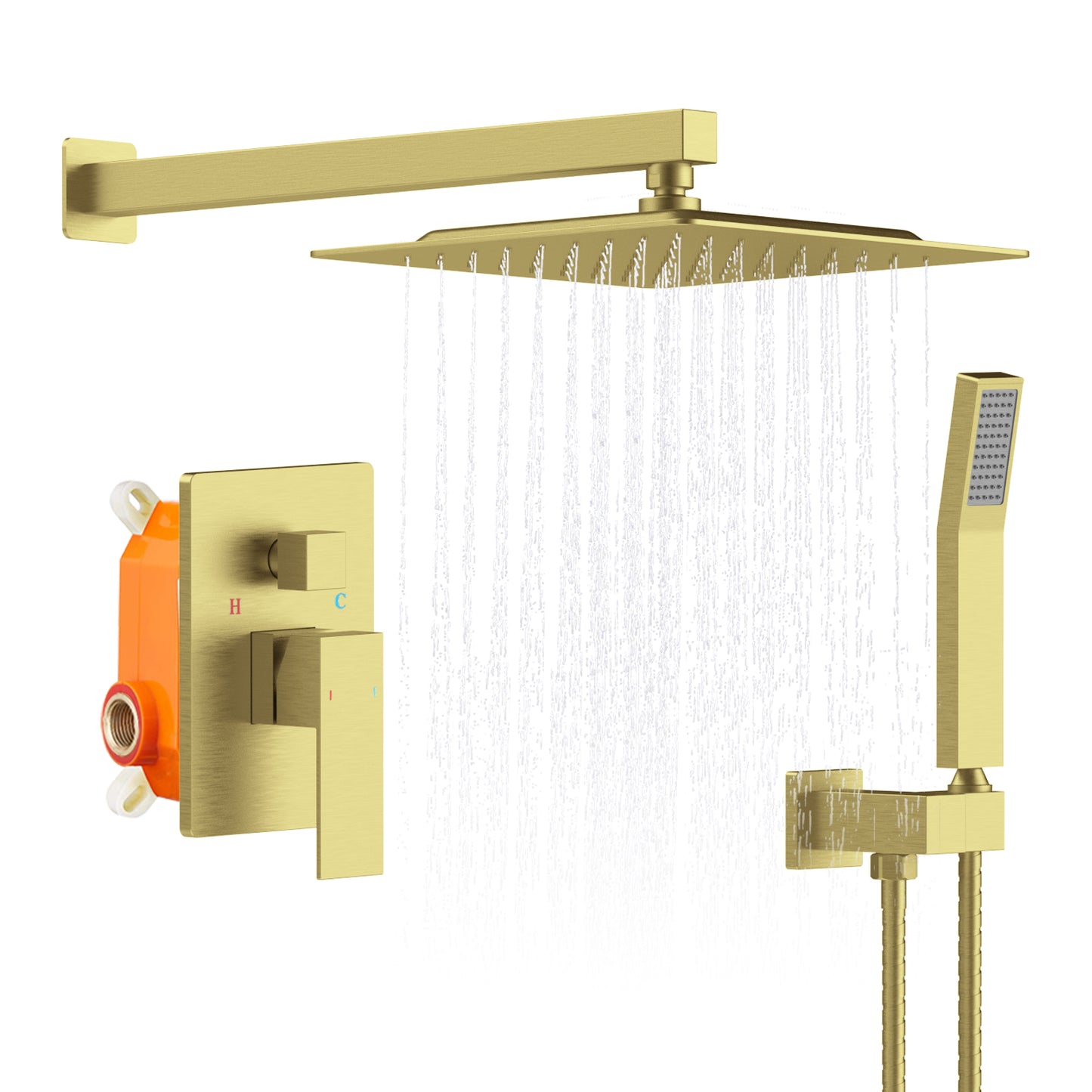 L-8003A- Shower System Shower Faucet Combo Set Wall Mounted with 12" Rainfall Shower Head and handheld shower faucet, Brushed Gold Finish with Brass Valve Rough-In