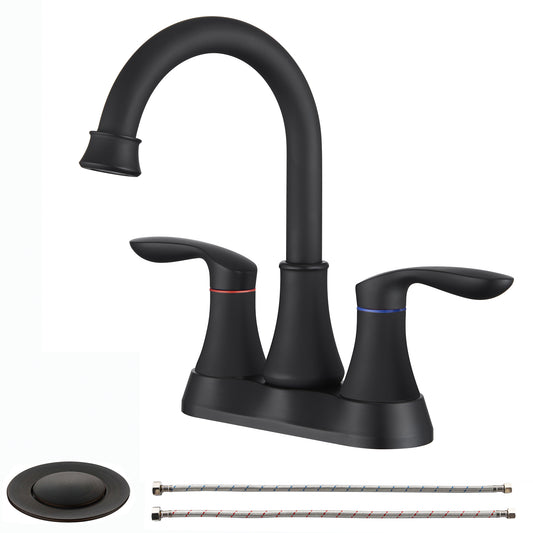 4011B-MB |  Bathroom Faucet Matt Black with Pop-up Drain & Supply Hoses 2-Handle 360 Degree High Arc Swivel Spout Centerset 6 Inch Vanity Sink Faucet 4011B-MB