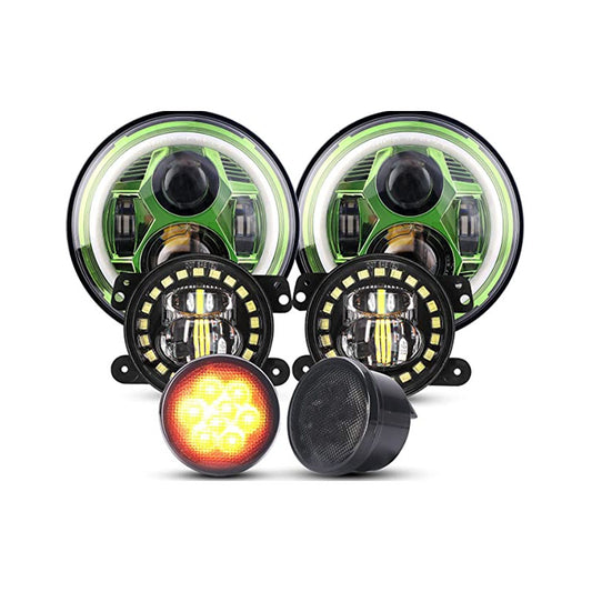 7-inch Spider Headlights - Green With Aperture - 4-inch Clock Fog Lights - Black Mesh Lights - Set Of Six