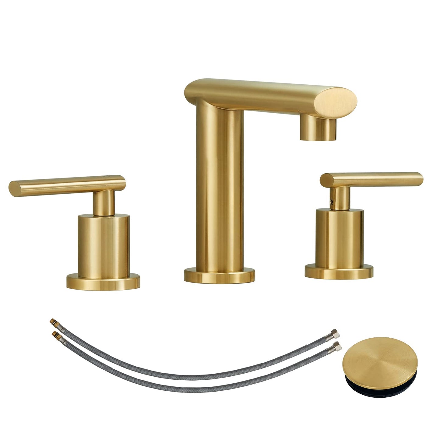 PK016-LJ-US |  Brushed Gold 3-Hole Low-Arch 8 Inch Widespread Bathroom Faucet, Vanity Sink Faucet with Metal Pop Up Drain Assembly and Water Supply Lines for Lavatory