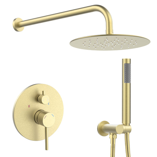 L-8001BG-Shower System Shower Faucet Combo Set Wall Mounted with 10" Rainfall Shower Head and handheld shower faucet, Brushed Gold Finish with Brass Valve Rough-In