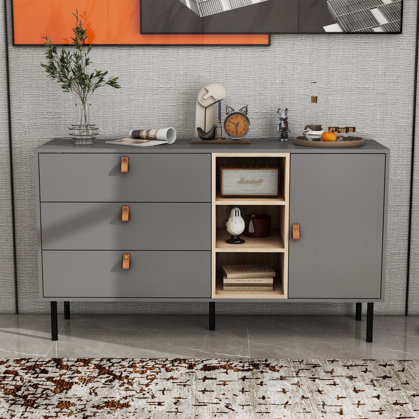 Modern sideboard with three drawers, one door and 3 open shelves