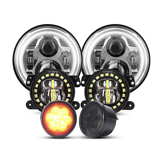 7-inch Spider Headlight - Silver with Iris - 4-inch Clock Fog Lamp - Medium Mesh Lamp Black - Set of Six