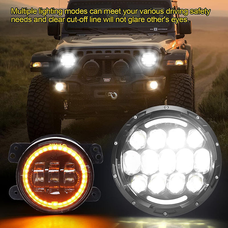 7 Inch 105w Round Light Xbd Black-4 Inch White And Yellow Fog Light Xbd Black- 4pcs In Set