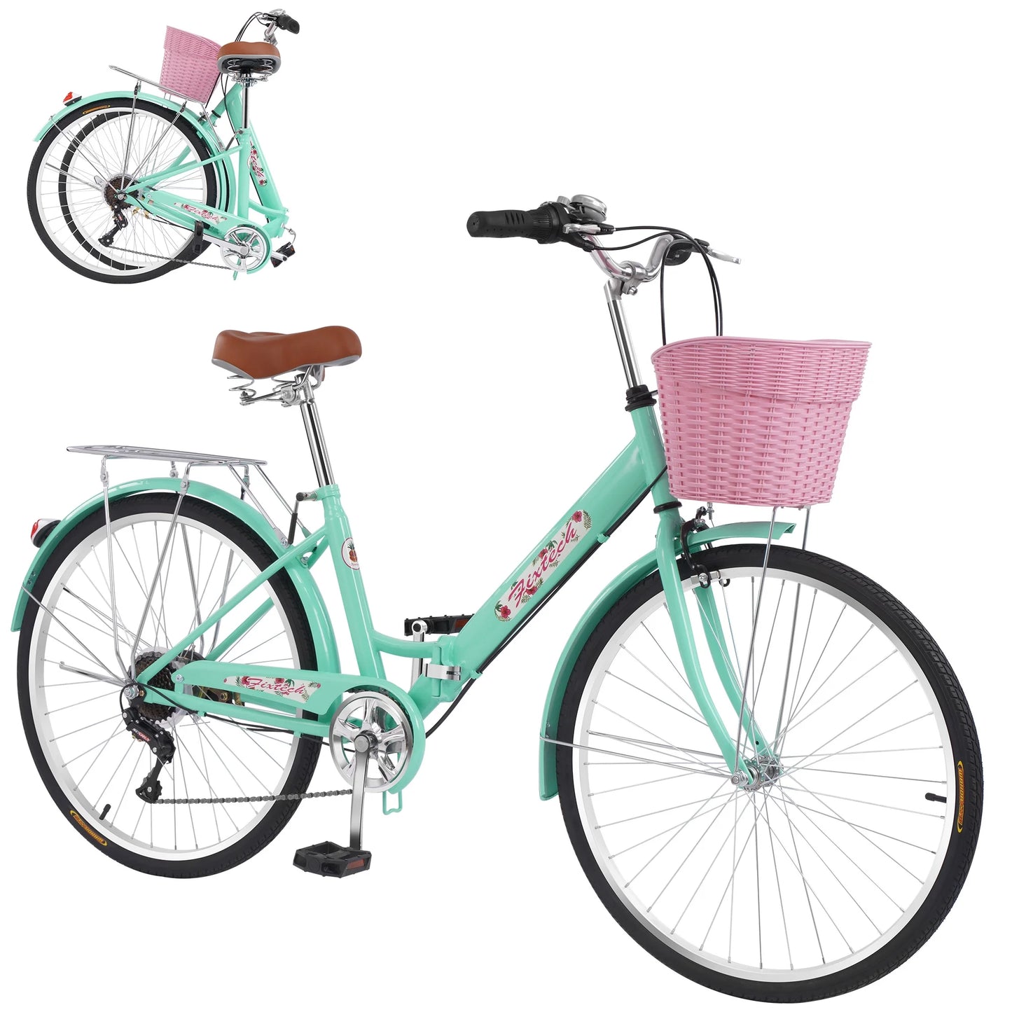 refurbish Fixtech 26'' 7 Speed Folding Women's Bike, Cruiser Bike with Basket and Rear Rack, Vintage Green