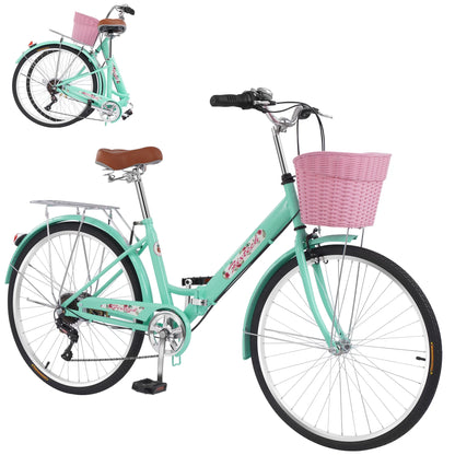 refurbish Fixtech 26'' 7 Speed Folding Women's Bike, Cruiser Bike with Basket and Rear Rack, Vintage Green