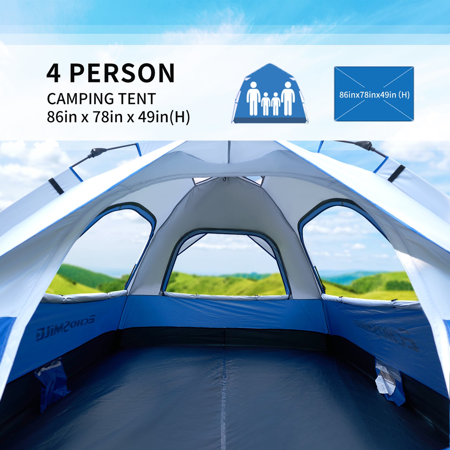 4-Person White + Blue Single-Sheet Umbrella Tent