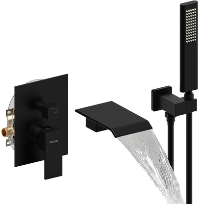 WC003B2S-W | Male NPT Tub Faucet with Hand Shower, Matte Black Waterfall Bathtub Shower Faucet Set, Wall Mount Tub Shower System with Solid Brass Rough-in Valve Shower Trim Kit