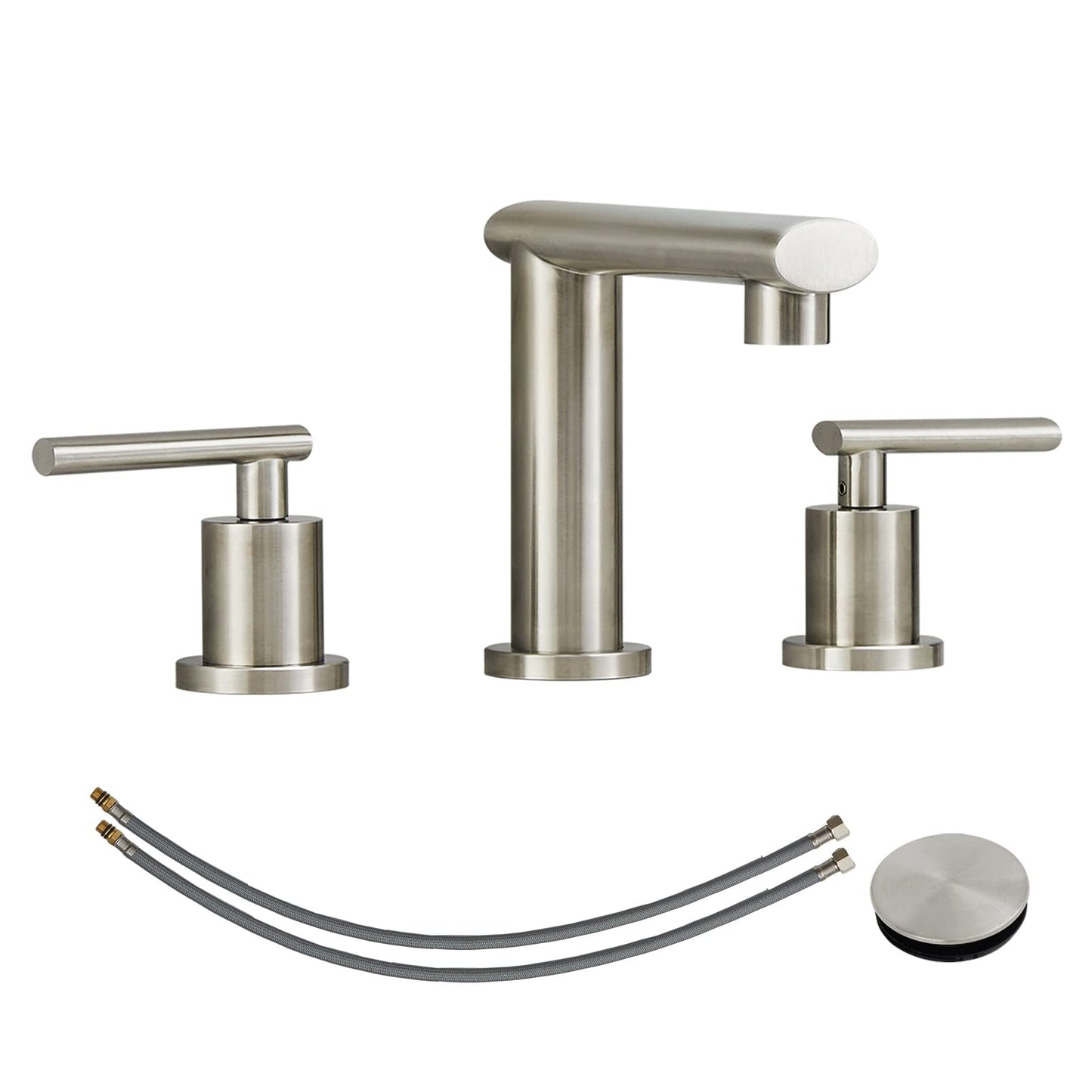 PK016-LS-US |  Brushed Nickel Widespread Bathroom Faucet, Waterfall Bathroom Faucets for Sink 3 Hole, 2-Handles Modern Vanity Faucet with Pop Up Drain Assembly and Lead-Free Supply Hose,8-Inch