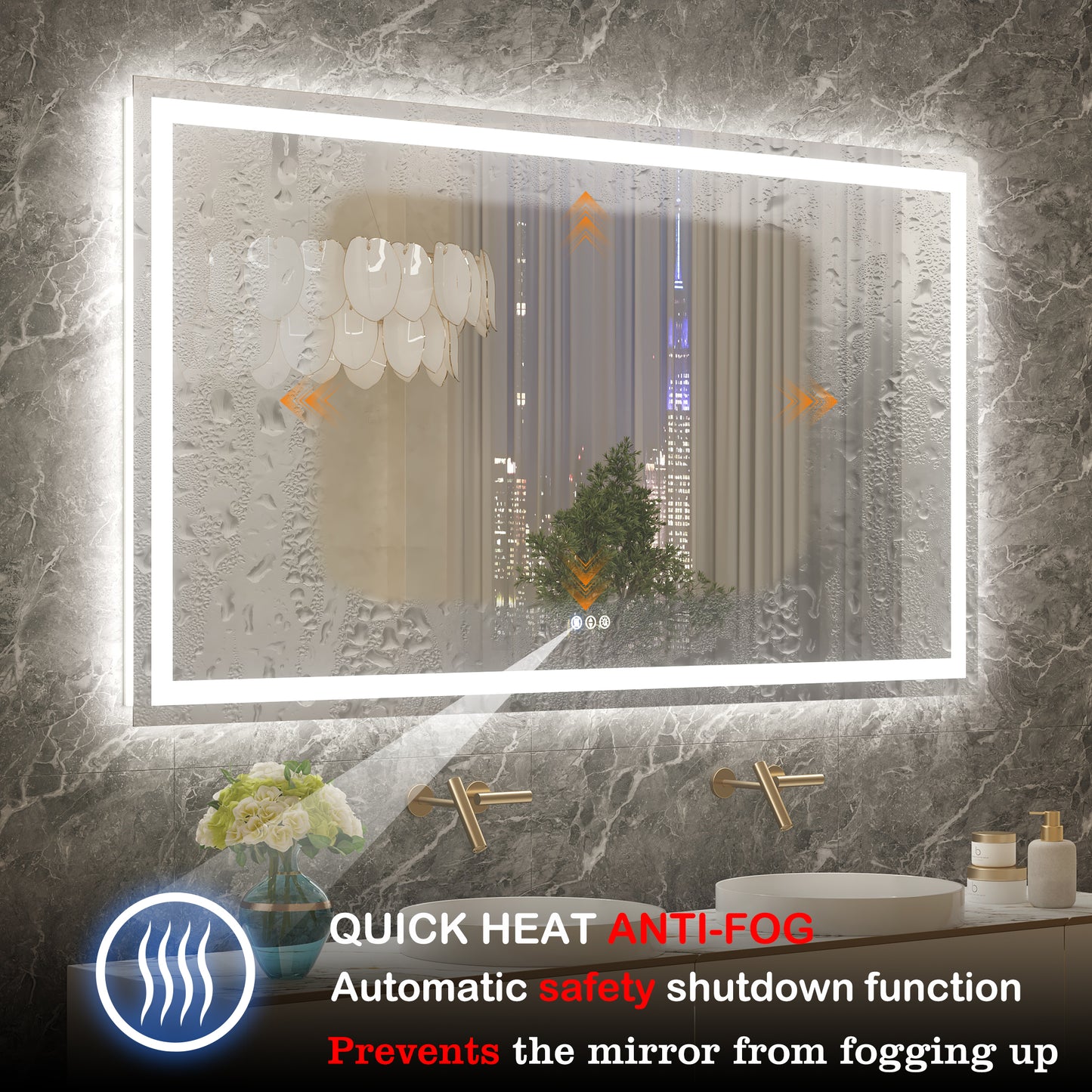 72" x 40"Dokes Frameless Anti-Fog LED Lighted Dimmable Wall Mounted Bathroom Vanity Mirror