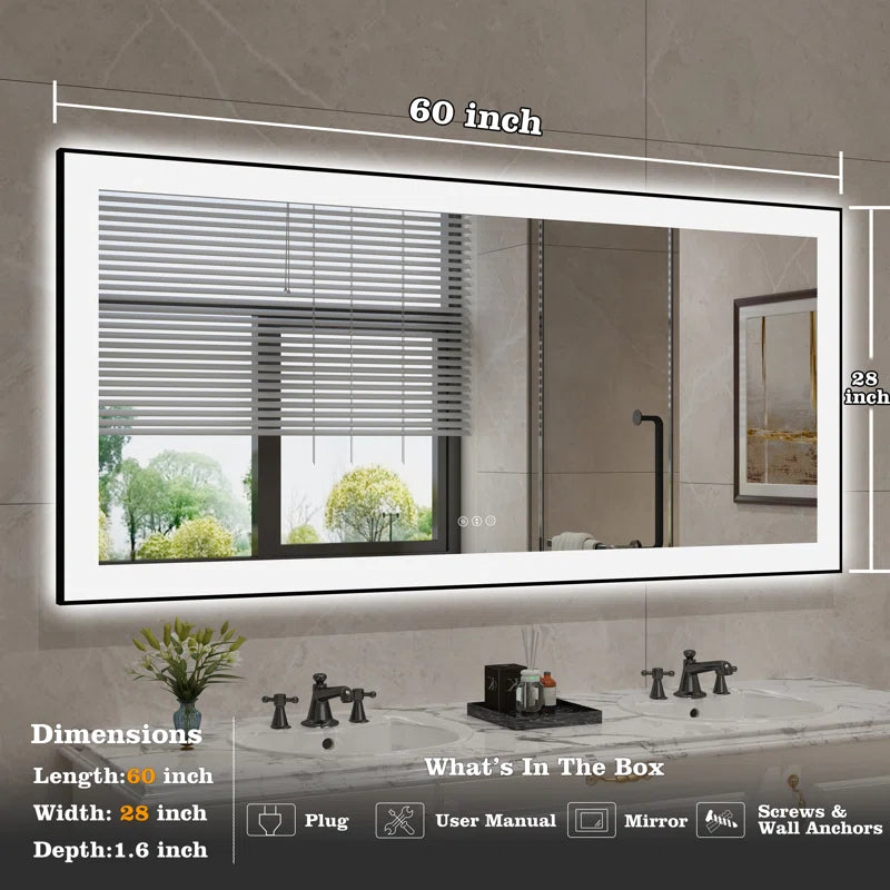 60" X 28" Detjon Black Framed Anti-Fog LED Lighted Dimmable Wall Mounted Bathroom Vanity Mirror