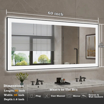 60" X 28" Detjon Black Framed Anti-Fog LED Lighted Dimmable Wall Mounted Bathroom Vanity Mirror