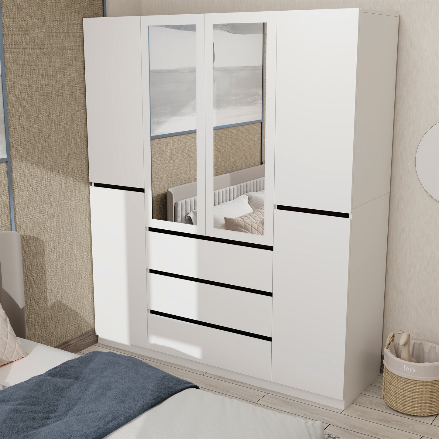 Three Drawer, Six Door Modern Wardrobe with Silver Mirror and No Pull Handle (2 packs of 2 cannot be sold separately)