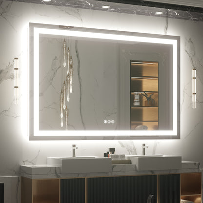 55" x 36" Tempered Glass Frameless LED Bathroom Mirror with Front and Backlight, Stepless Dimmable Wall Mirrors with Anti-Fog, 3 Colors, LED Vanity Mirror(Horizontal/Vertical)