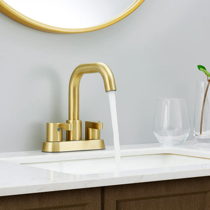 PK012-LJ-US | Brushed Gold Bathroom Faucet 4 Inch Centerset Bathroom Faucet, Gold Bathroom Vanity Lavatory Faucets for Sink 3 Hole 2 Handle, Swivel Spout with Brass Drain Assembly