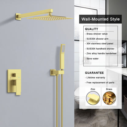 L-8002BG-Shower System Shower Faucet Combo Set Wall Mounted with 10" Rainfall Shower Head and handheld shower faucet, Brushed Gold Finish with Brass Valve Rough-In