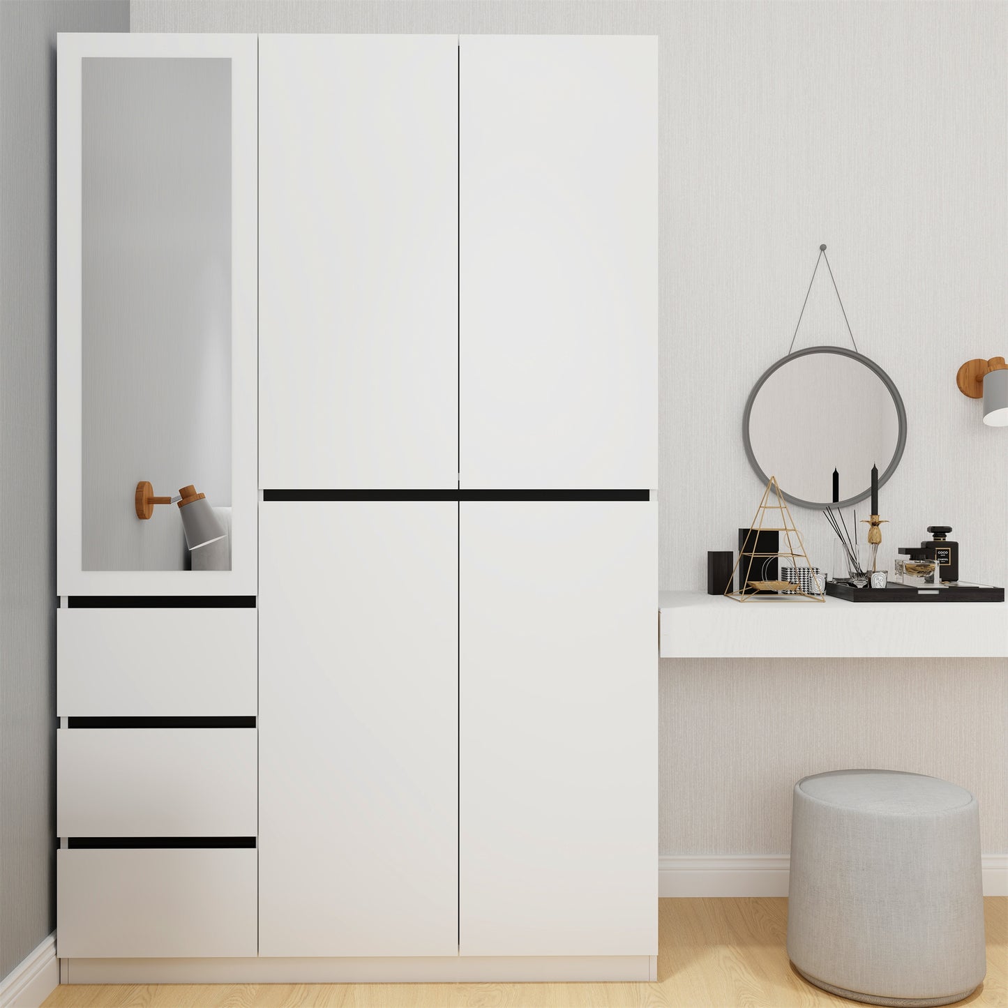 Three Drawer, Five Door Modern Wardrobe with Silver Mirror and No Pull Handle (2 packs of 2 cannot be sold separately)