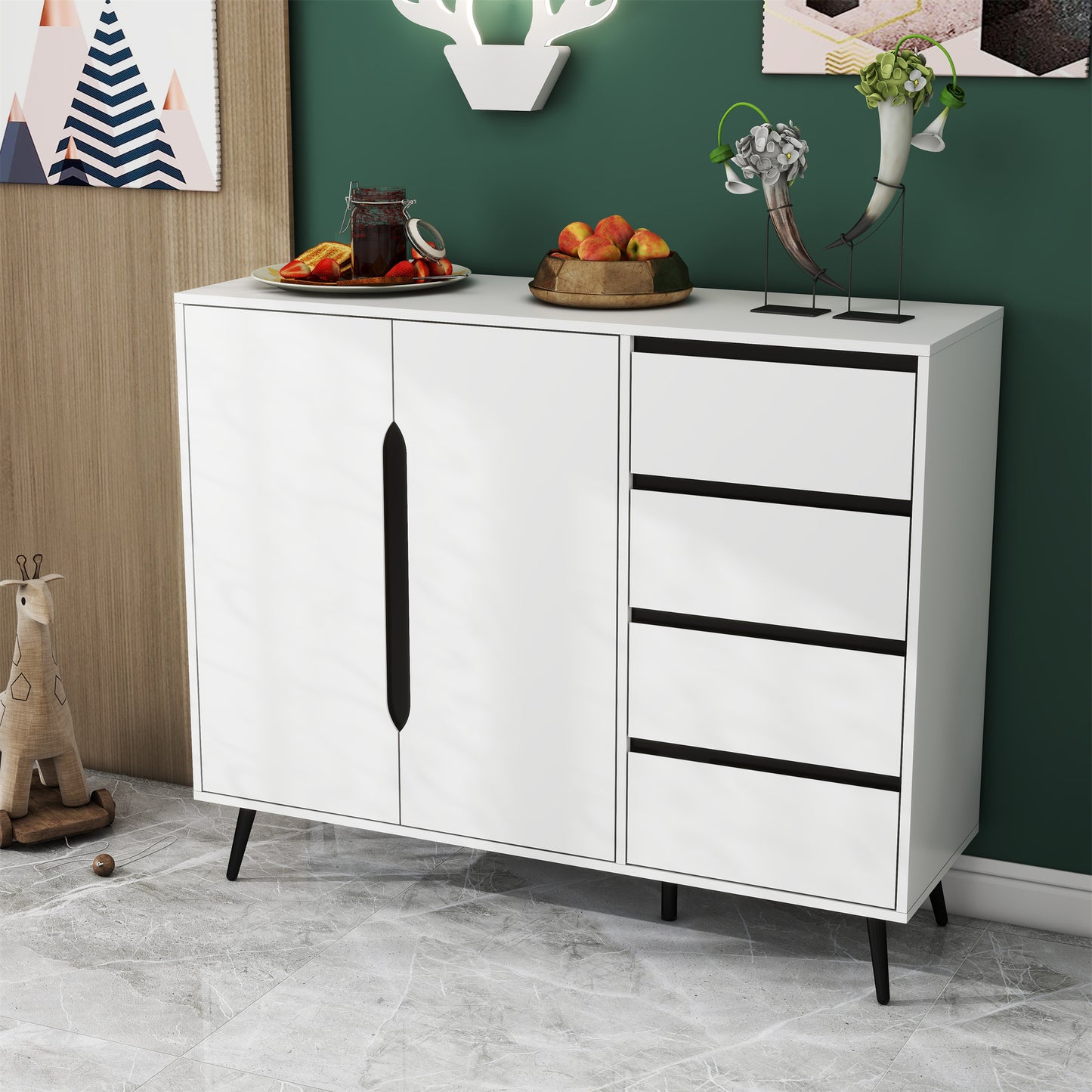 White modern side cabinet with four drawers and two doors