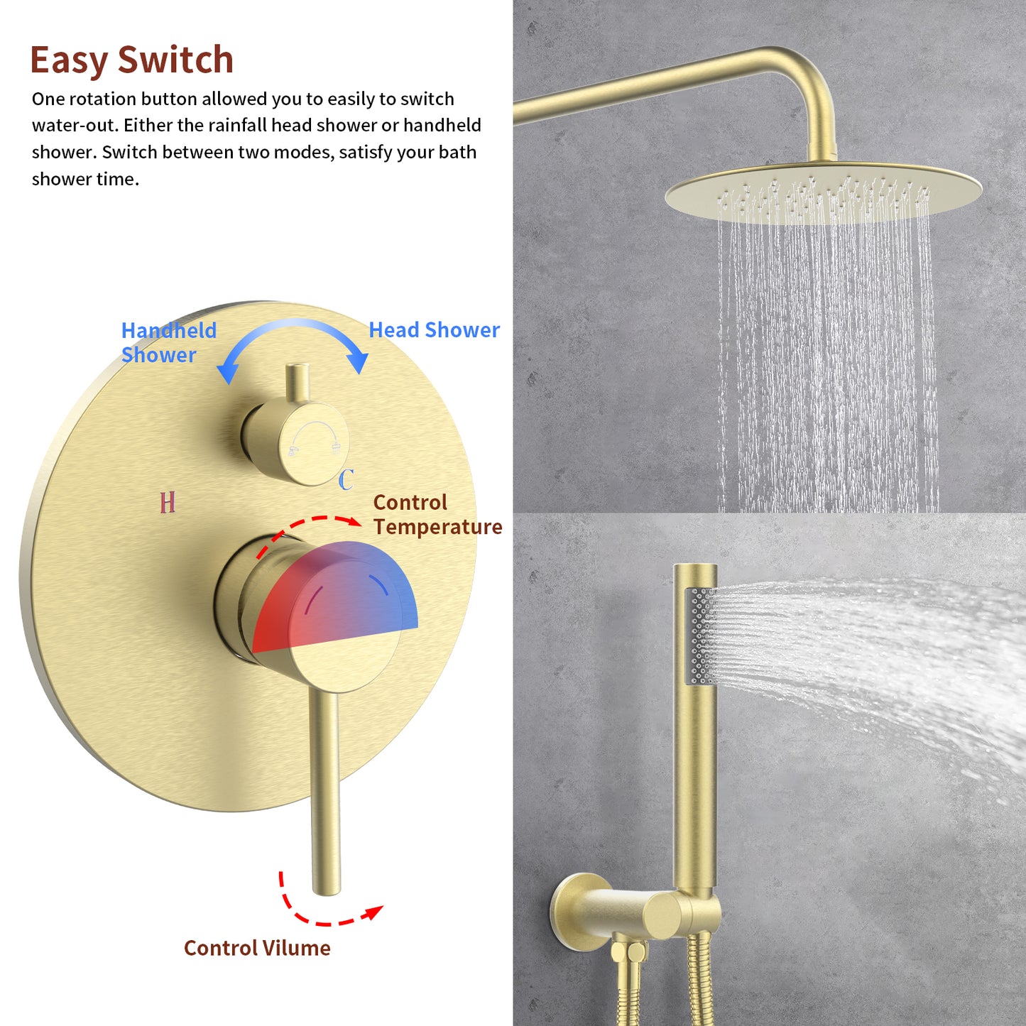 L-8001BG-Shower System Shower Faucet Combo Set Wall Mounted with 10" Rainfall Shower Head and handheld shower faucet, Brushed Gold Finish with Brass Valve Rough-In