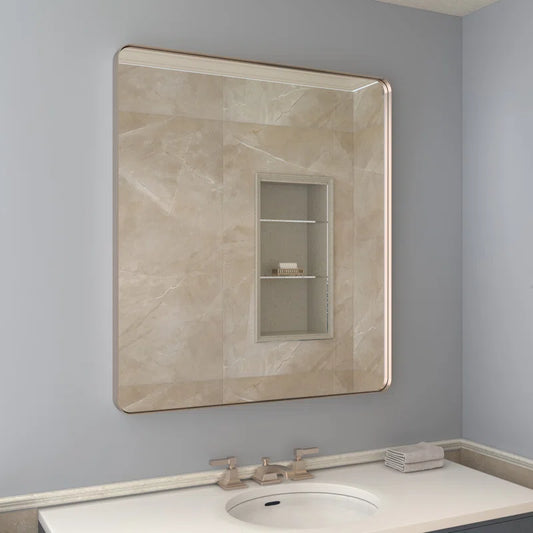 32" x 36" (Silver) Filleted Corner Wall Mounted Mirror, Bathroom Mirror, Vanity Wall Mirror With Metal Frame