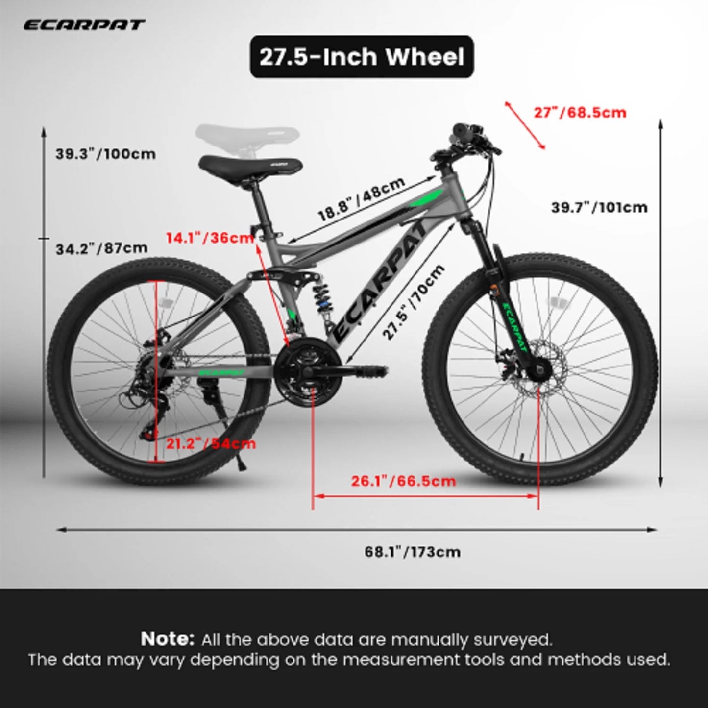 Refurbish 27.5 Inch Mountain Bike, 21-Speed Full Suspension Unisex Trail Commuter City Bicycle