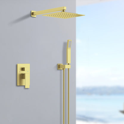 L-8003A- Shower System Shower Faucet Combo Set Wall Mounted with 12" Rainfall Shower Head and handheld shower faucet, Brushed Gold Finish with Brass Valve Rough-In