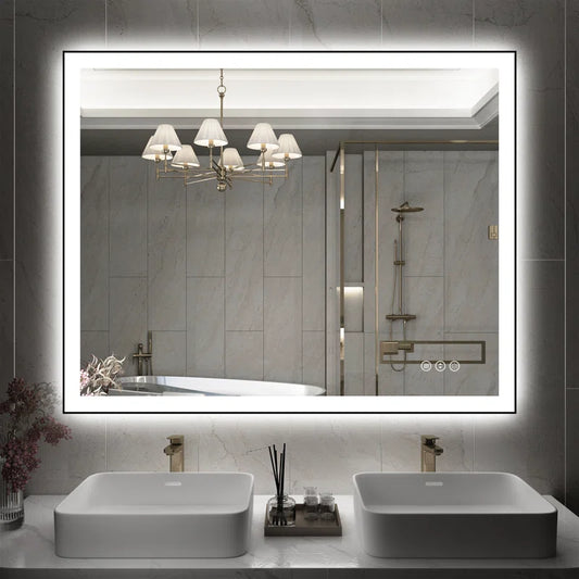 40" X 32" Detjon Black Framed Anti-Fog LED Lighted Dimmable Wall Mounted Bathroom Vanity Mirror