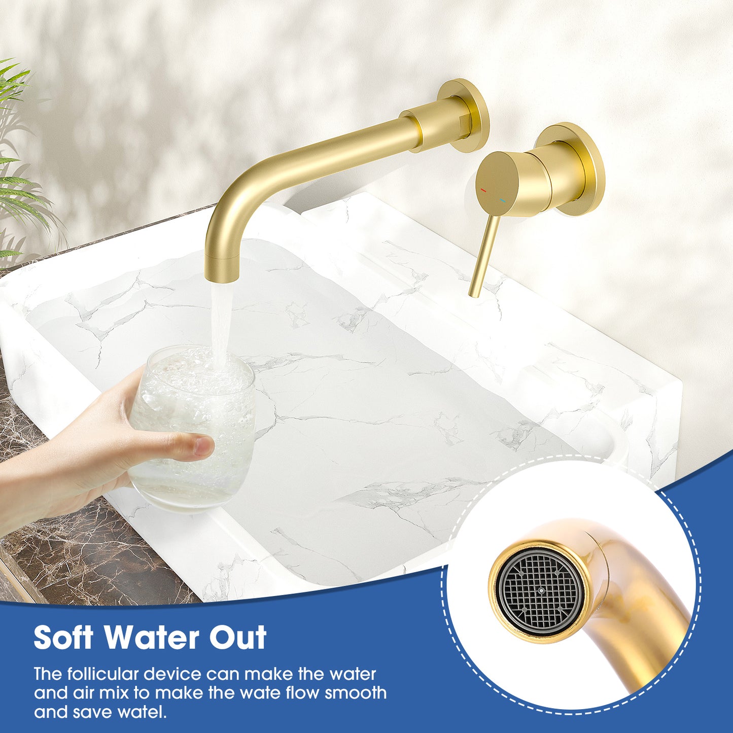 W1083P154747-Wall Mount Faucet for Bathroom Sink or Bathtub, Single Handle 3 Holes Brass Rough-in Valve Included, Brushed Gold