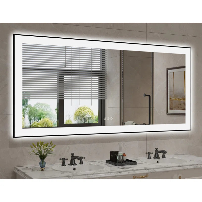 60" X 28" Detjon Black Framed Anti-Fog LED Lighted Dimmable Wall Mounted Bathroom Vanity Mirror